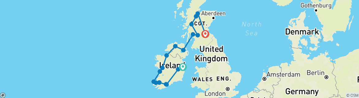 Image of a map showing the route of the tour