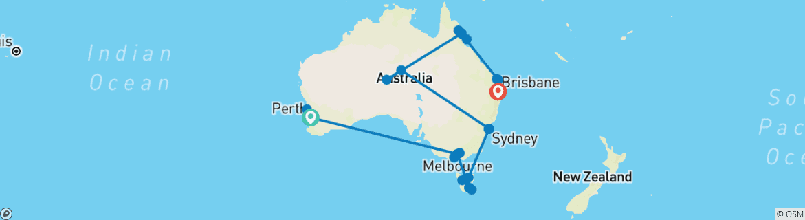 Image of a map showing the route of the tour
