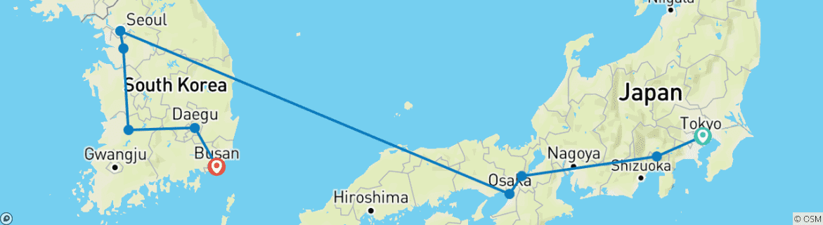 Image of a map showing the route of the tour