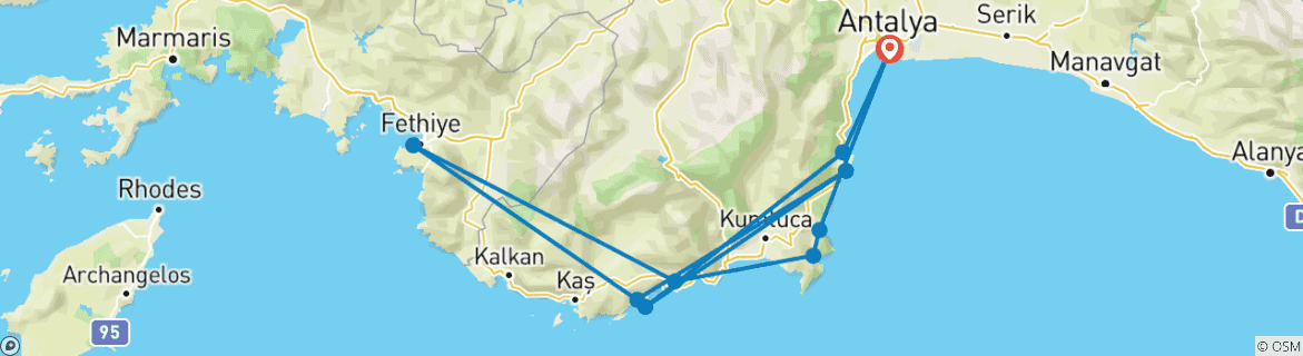 Image of a map showing the route of the tour