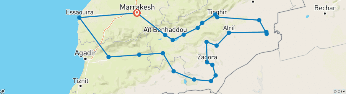 Carte du circuit Circuit privé de luxe de Marrakech au désert des Dunes d'Or et Essaouira en 7 jours