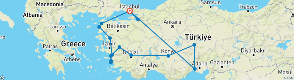 Image of a map showing the route of the tour