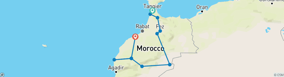 Image of a map showing the route of the tour