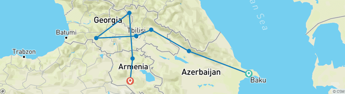 Image of a map showing the route of the tour