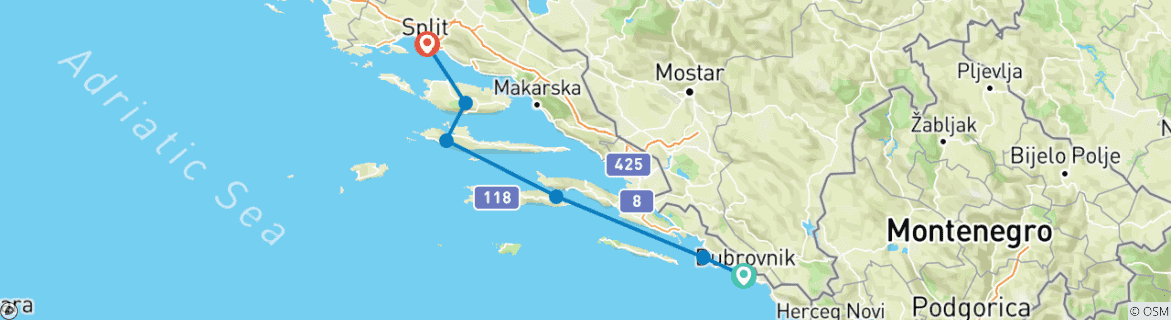 Image of a map showing the route of the tour