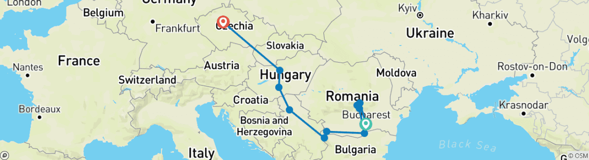 Image of a map showing the route of the tour