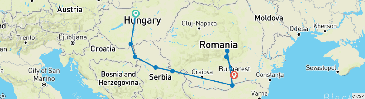 Image of a map showing the route of the tour