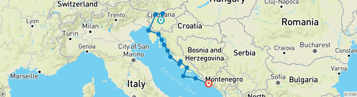 Image of a map showing the route of the tour