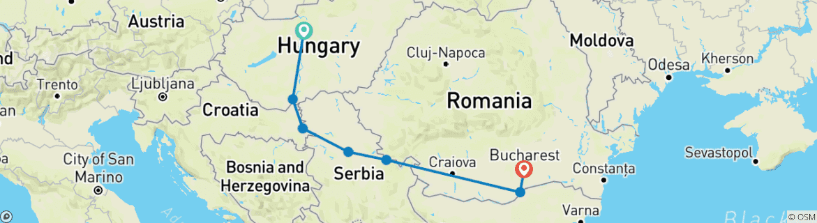 Image of a map showing the route of the tour