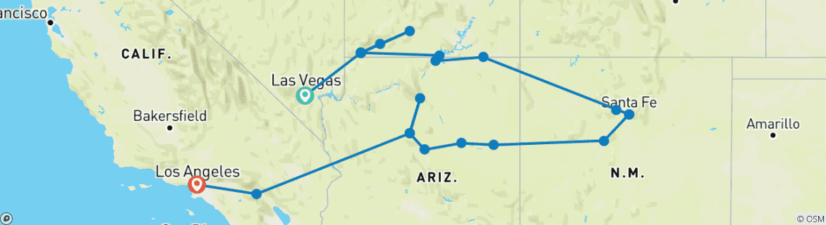 Image of a map showing the route of the tour