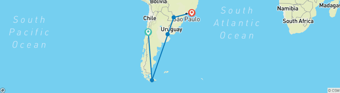 Image of a map showing the route of the tour