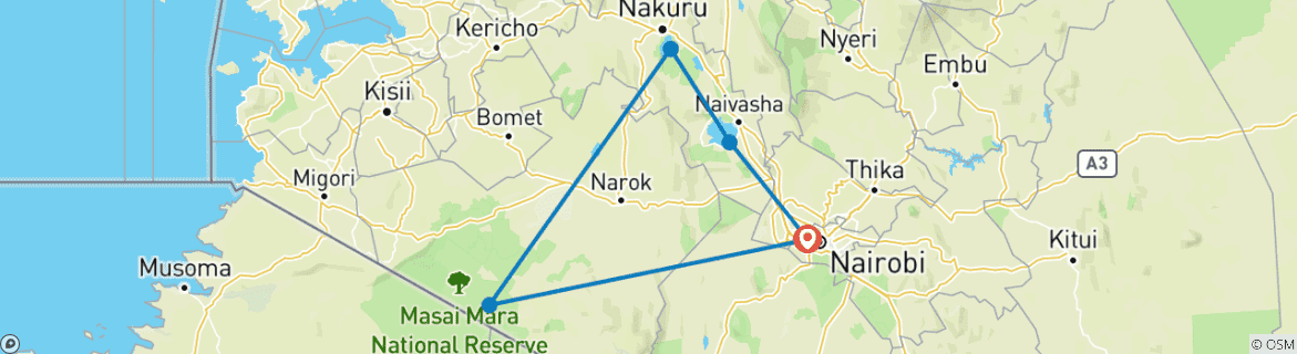 Image of a map showing the route of the tour