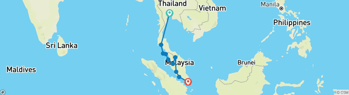 Image of a map showing the route of the tour