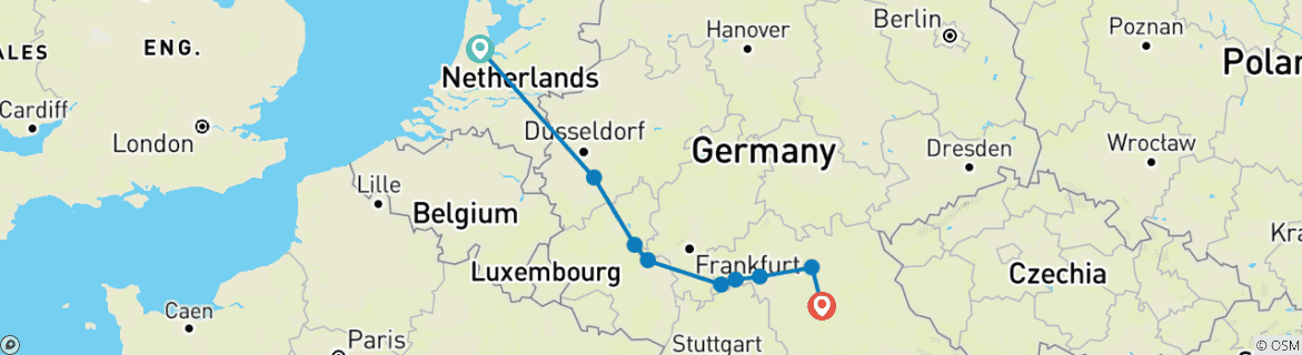Image of a map showing the route of the tour