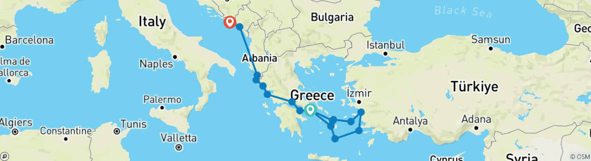 Image of a map showing the route of the tour