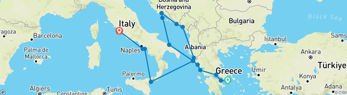 Image of a map showing the route of the tour