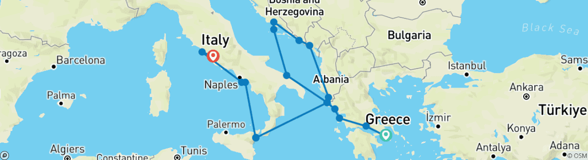 Image of a map showing the route of the tour