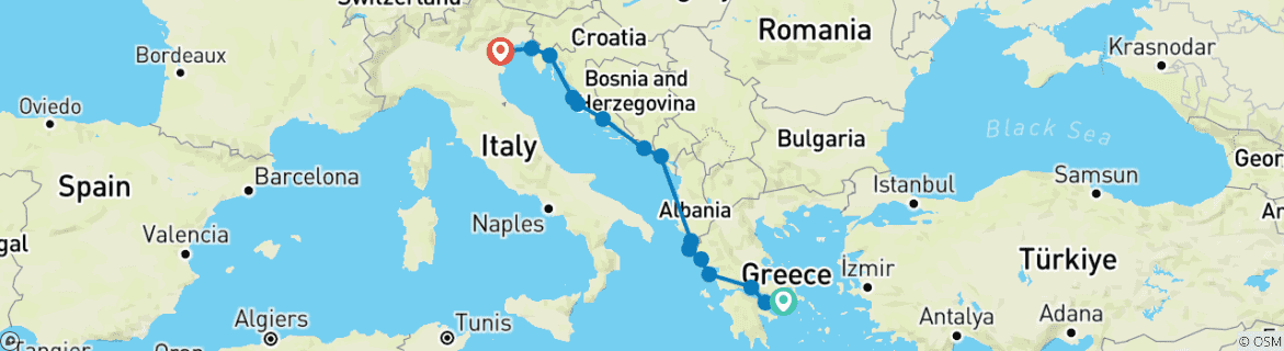Image of a map showing the route of the tour