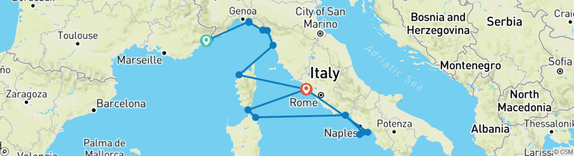 Image of a map showing the route of the tour