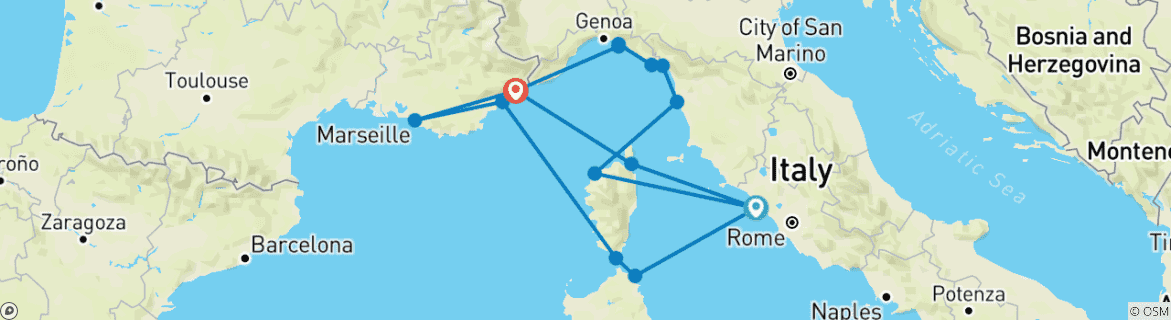 Image of a map showing the route of the tour