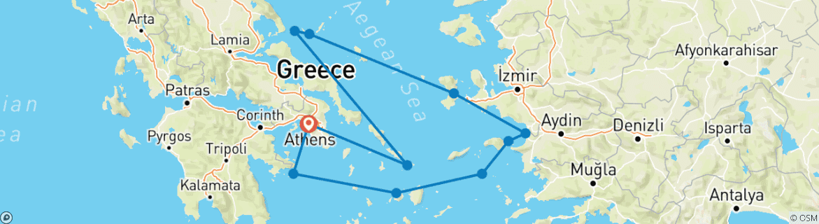 Image of a map showing the route of the tour