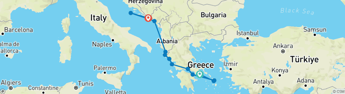 Image of a map showing the route of the tour