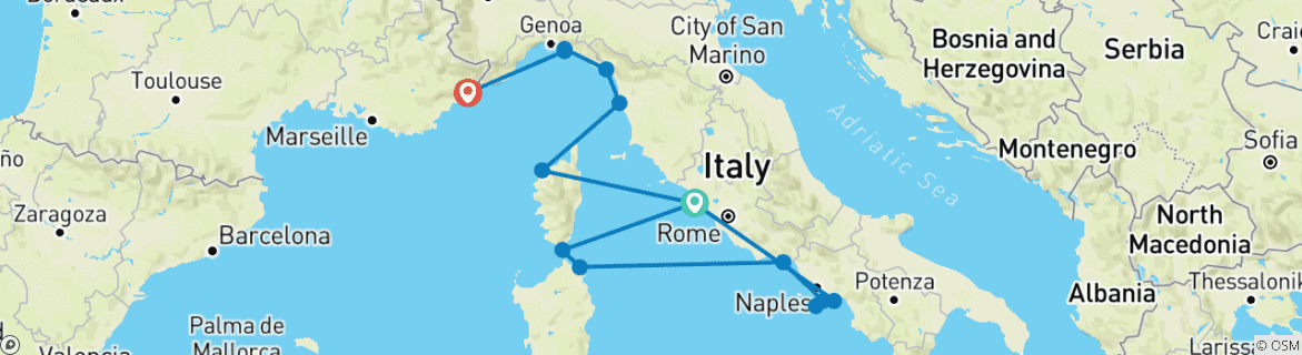 Image of a map showing the route of the tour