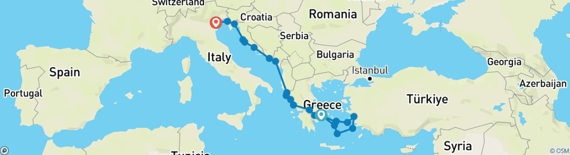 Image of a map showing the route of the tour