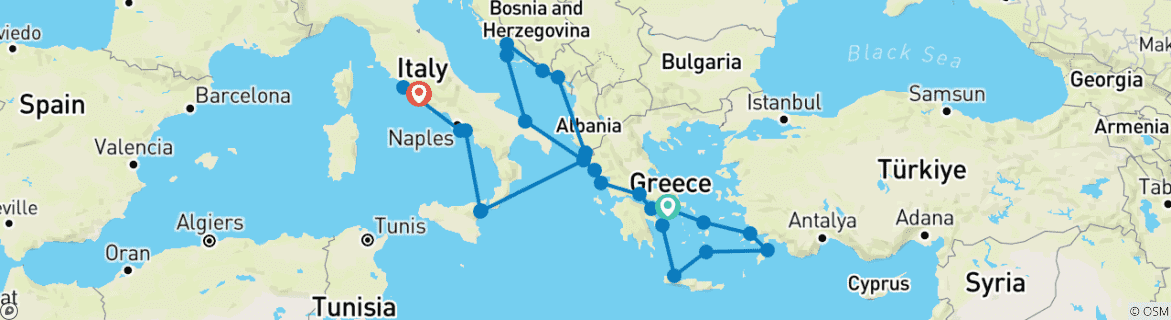 Image of a map showing the route of the tour