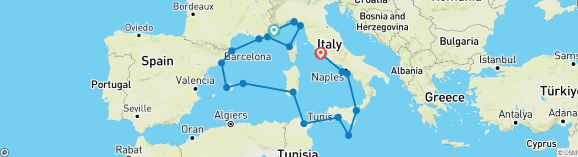 Image of a map showing the route of the tour