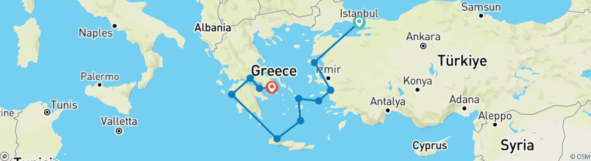 Image of a map showing the route of the tour