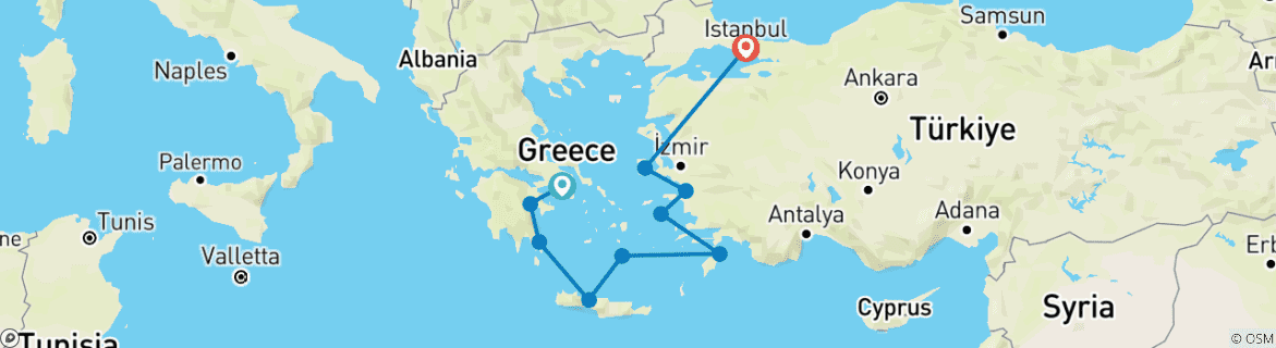 Image of a map showing the route of the tour