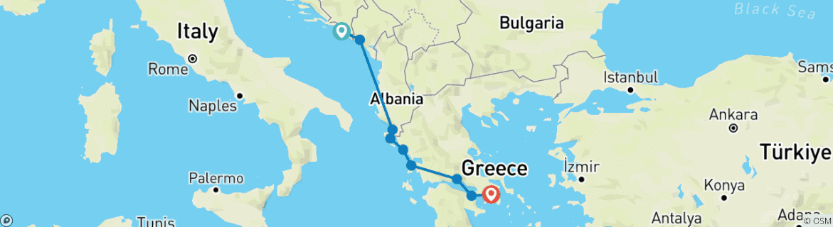 Image of a map showing the route of the tour