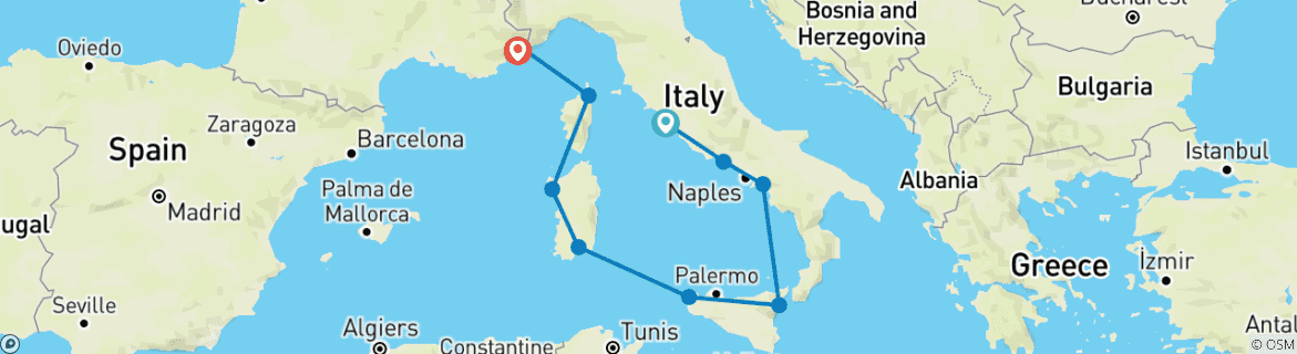 Image of a map showing the route of the tour