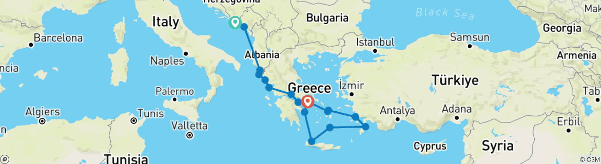 Image of a map showing the route of the tour