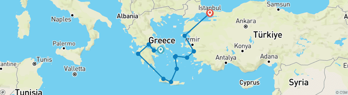Image of a map showing the route of the tour