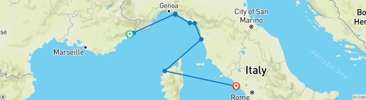 Image of a map showing the route of the tour