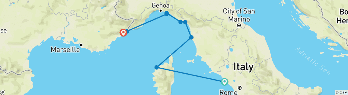 Image of a map showing the route of the tour