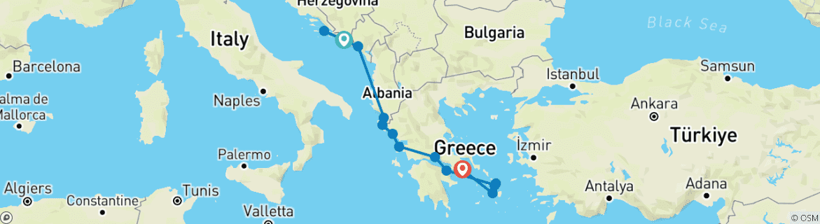 Image of a map showing the route of the tour