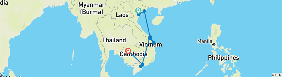 Carte du circuit Un Vietnam et un Cambodge emblématiques - Idéal pour les voyageurs solitaires