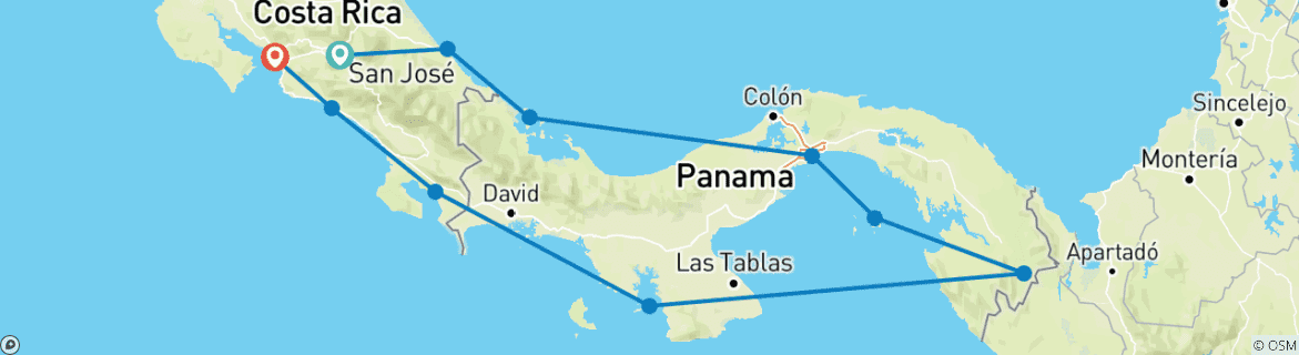 Image of a map showing the route of the tour