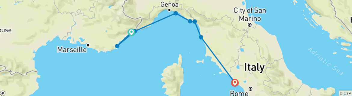 Image of a map showing the route of the tour