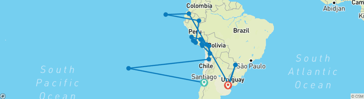Carte du circuit L'Amérique latine par voie terrestre (édition de l'île de Pâques)