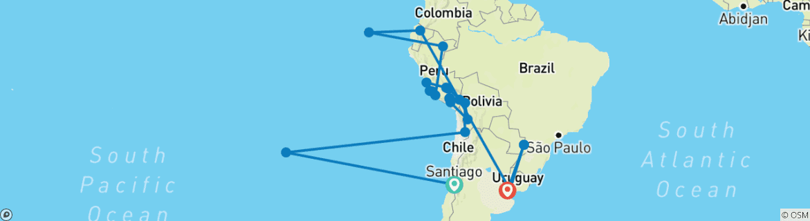 Image of a map showing the route of the tour