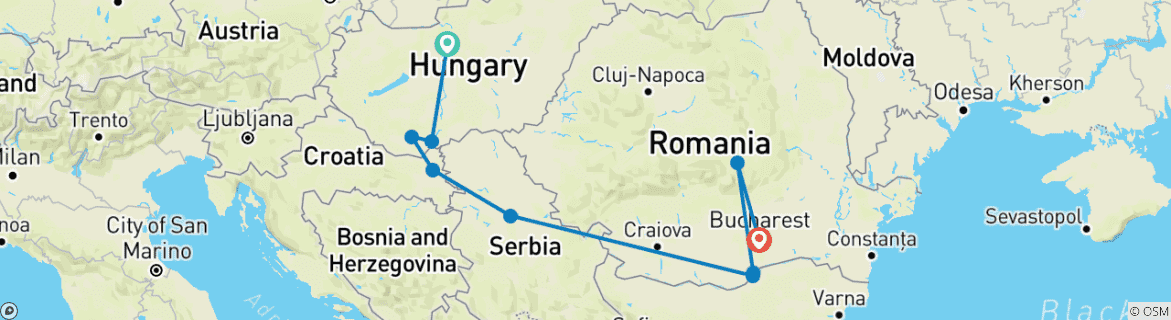Image of a map showing the route of the tour