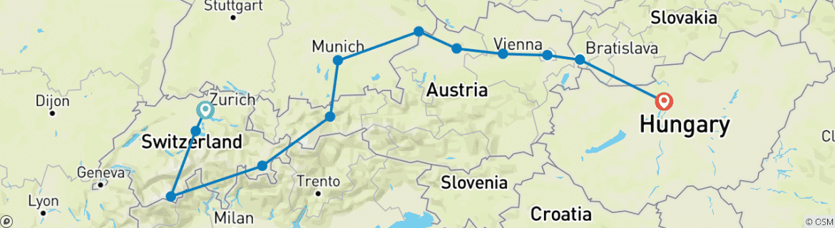 Image of a map showing the route of the tour