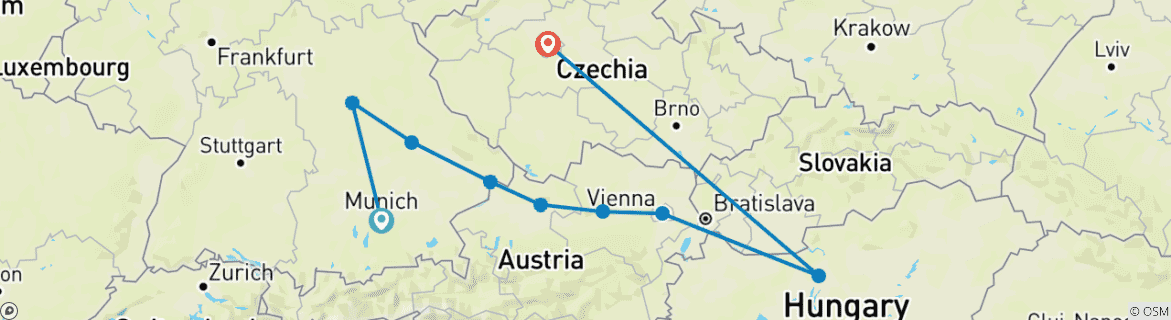 Image of a map showing the route of the tour