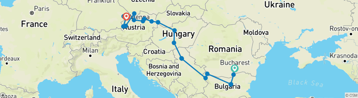 Image of a map showing the route of the tour