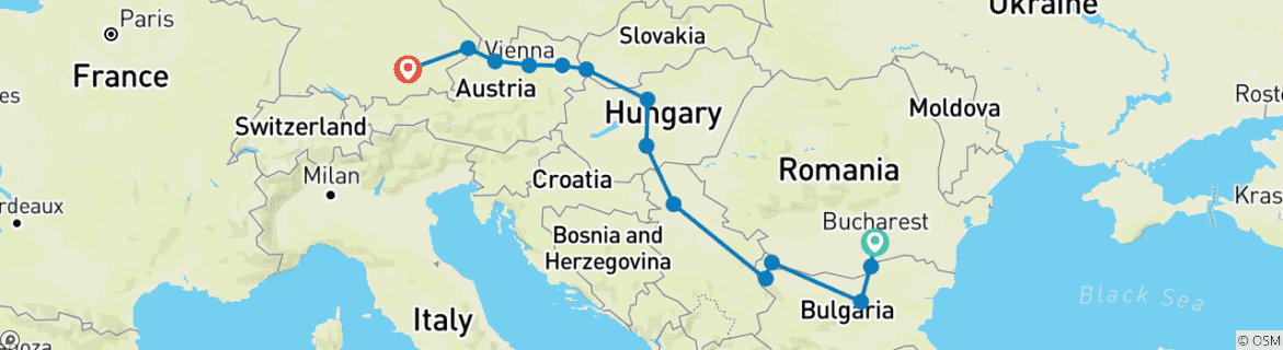 Image of a map showing the route of the tour