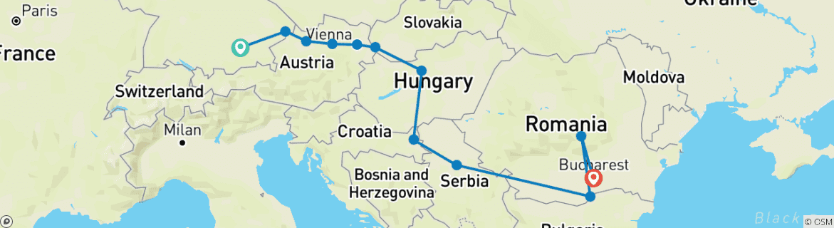 Image of a map showing the route of the tour
